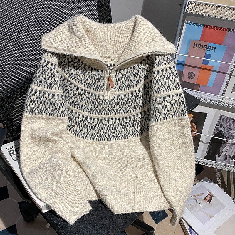 北欧费尔岛高领毛衣女秋冬老钱风穿搭慵懒宽松拉链翻领针织衫上衣