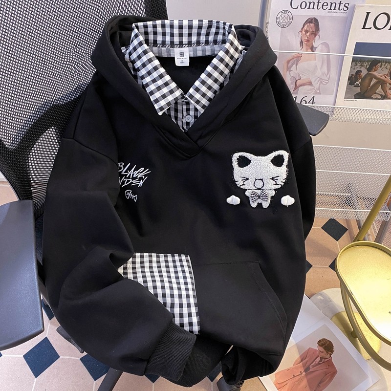 美式高街假两件刺绣连帽卫衣男女秋冬慵懒风格子拼接猫耳外套上衣
