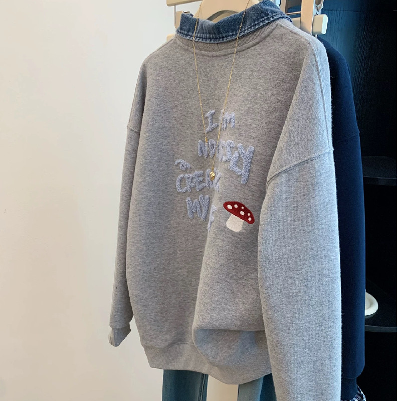 胖妹妹2-300斤大码假两件拼接翻领刺绣卫衣女秋季设计感宽松上衣