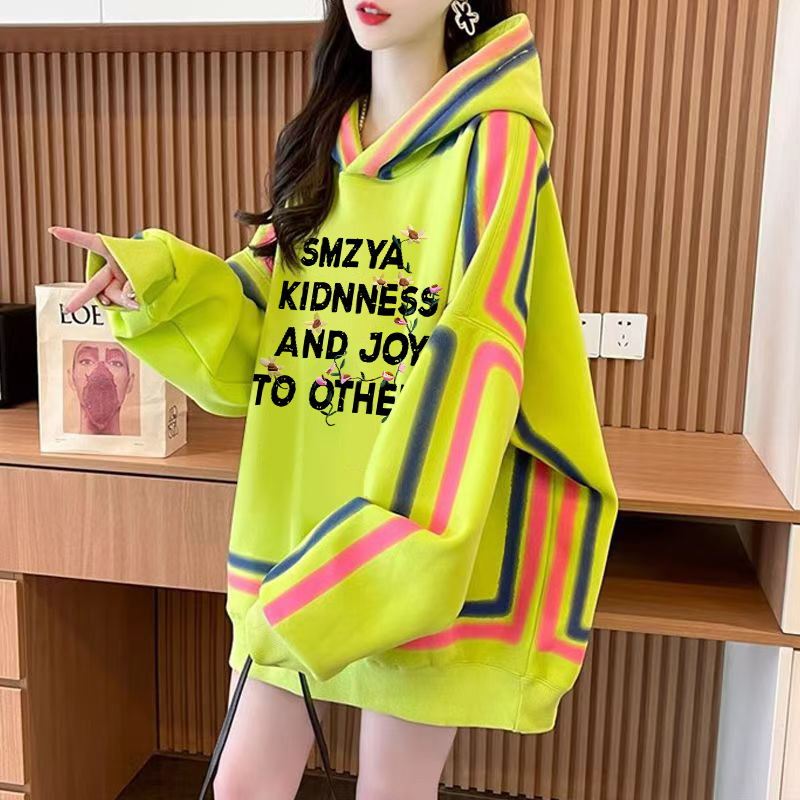 多巴胺风荧光绿连帽卫衣女秋冬加绒加厚宽松大码女装学生上衣外套