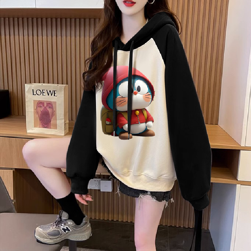 小众不撞款插肩袖连帽卫衣女加绒加厚大码超好看时髦洋气卡通上衣