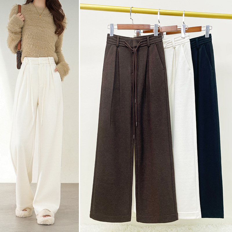 女士羊毛阔腿裤腰抽绳欧版级感重工阔腿加长拖地直筒毛呢西装裤子