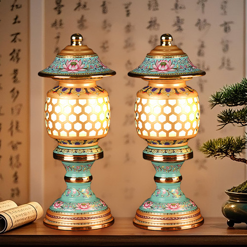 led珐琅彩神社长明灯插电莲花灯佛供灯佛灯财神爷佛前唐纹供佛灯