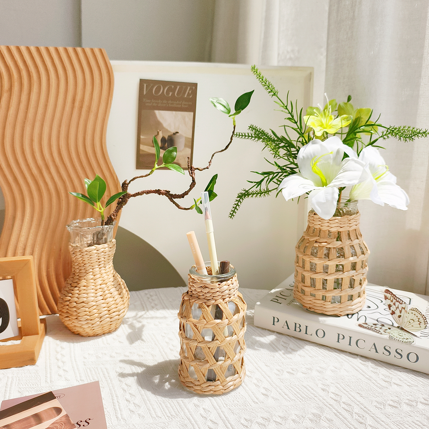 草编玻璃花瓶仿真花束桌面小摆件