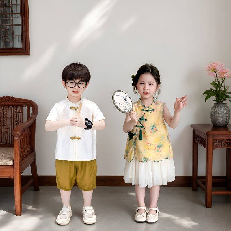 儿童新中式汉服旗袍裙帅气套装夏