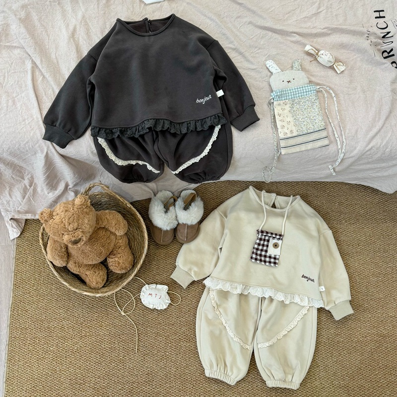 秋冬新款韩国童装儿童抓绒花边卫衣裤套装女童韩版卫衣两件套装