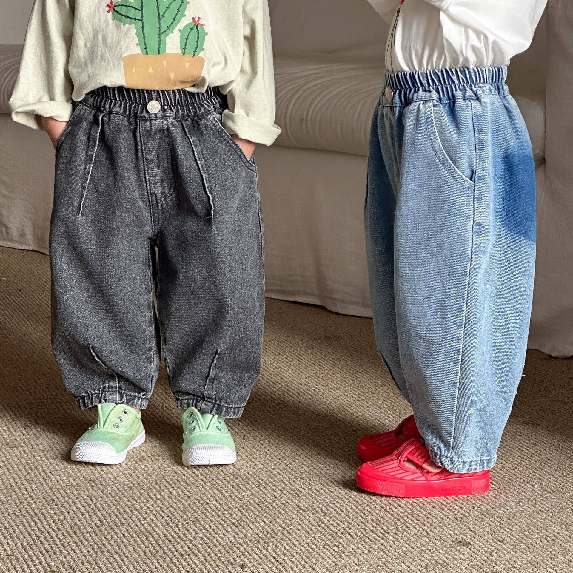 儿童牛仔裤子男童春装2026新款春秋季女童萝卜弯刀裤宝宝休闲长裤