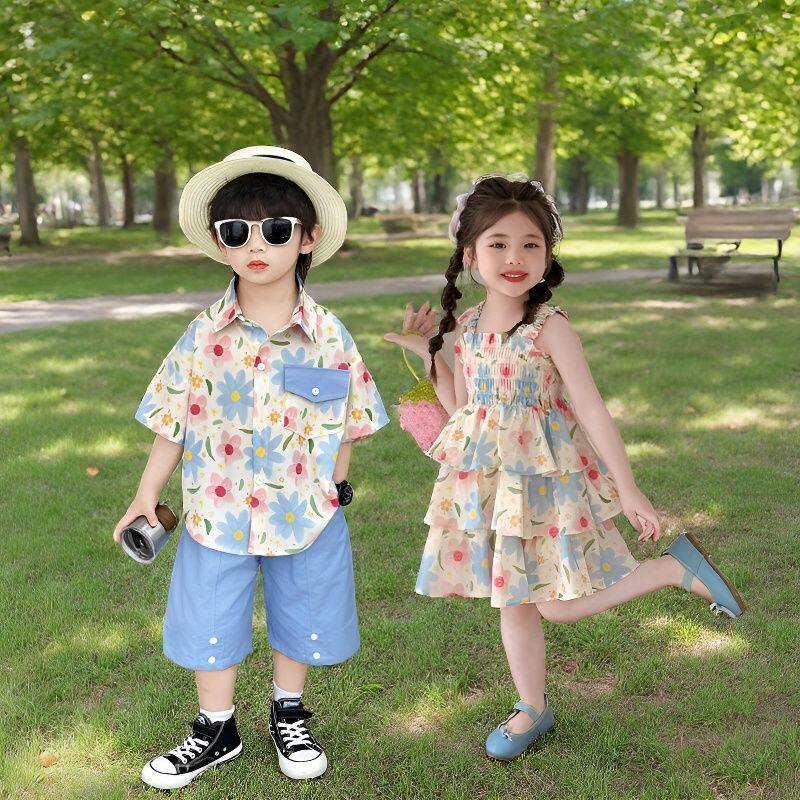 洋气时髦儿童龙凤胎兄妹装夏天款男女孩姐弟海边旅游度假亲子穿搭