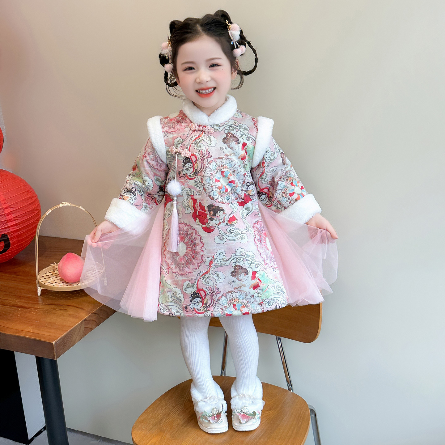 女小童旗袍连衣裙冬季2025新款宝宝粉色公主裙冬装儿童国风拜年服