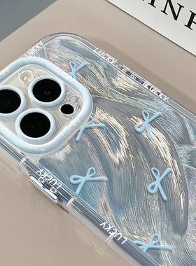 蓝色蝴蝶结羽纱泡芙手机壳适用苹果16promax小米15情侣iphone14华为mate60propura70荣耀vivo红米k80opporeno