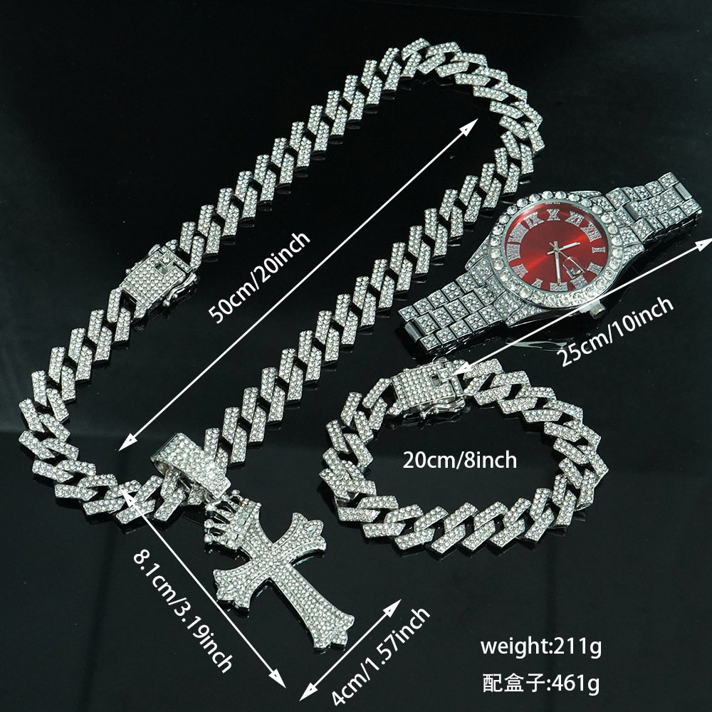 嘻哈风皇冠十字架吊坠古巴项链手链手表套装 时尚大气百搭男首饰