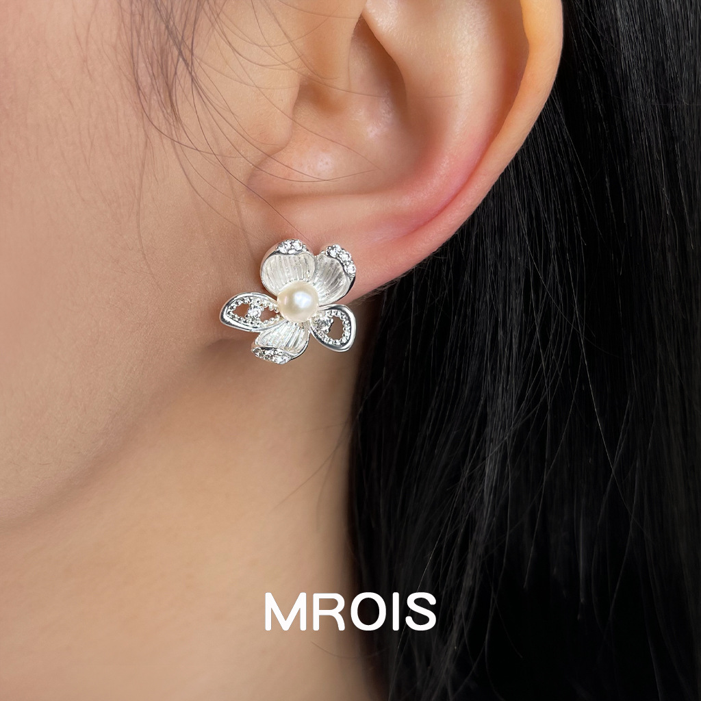 法式复古淡水珍珠花朵锆石耳钉