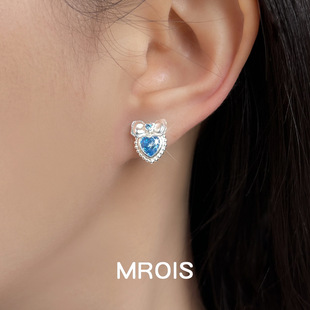 A127原创baby蓝 清新耳饰 爱心蓝锆石蝴蝶结耳钉小众哑光喷砂个性