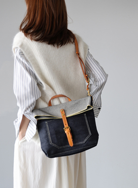 bounded植鞣皮赤耳丹宁牛仔邮差包手机相机包真皮拼接帆布小方包