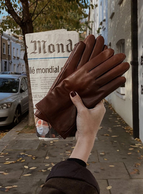韩国Ins博主feminique深棕色真皮绵阳皮分指手套小众高级COS羊皮