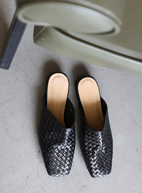 bounded有界夏日手工真皮编织拖鞋穆勒鞋包头平跟平底鞋方头休闲