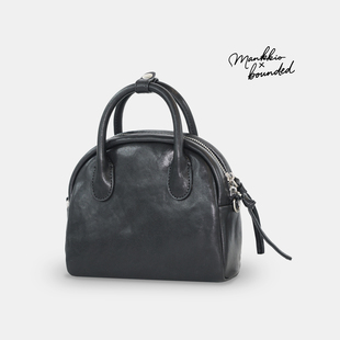 mankkio满朵间植鞣牛皮休闲迷你枕头保龄球包mini斜跨小包手提包