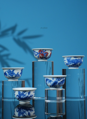 望月怀古一口杯迷你小压手茶杯25ml 景德镇中式青花手绘主人杯