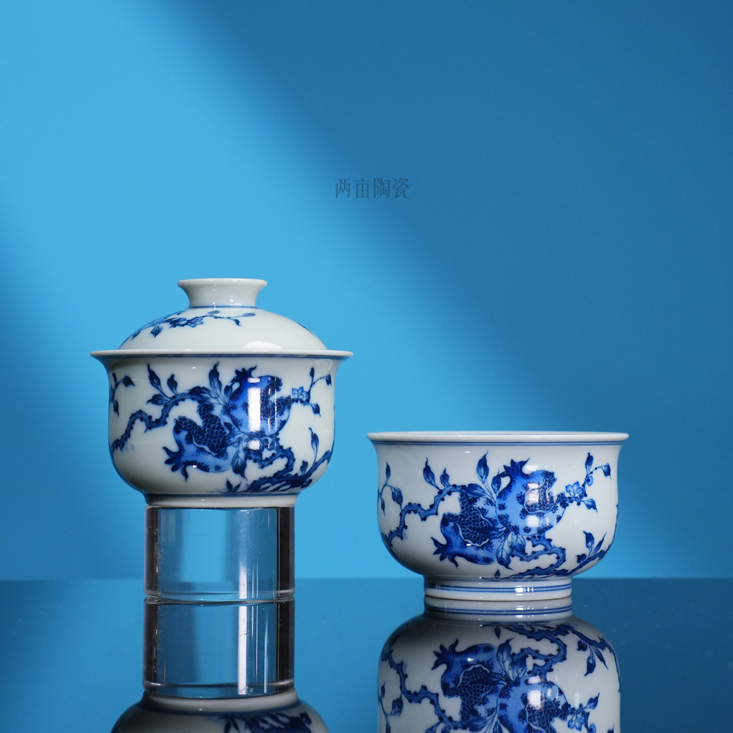 钟家窑石榴花茶器 景德镇柴窑青花手工陶瓷送礼礼盒泡茶盖碗