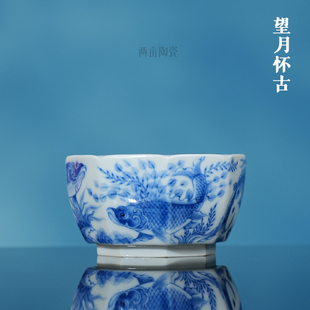 望月怀古鱼藻纹八方杯130ml 景德镇手工中式青花手绘主人杯茶杯