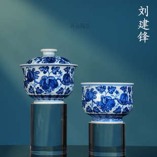 刘建锋窑仿明瓜瓞绵绵茶具 景德镇柴窑釉下彩手绘青花全手工茶器