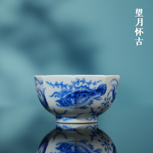 望月怀古鱼藻纹小八方杯 景德镇手工中式青花手绘主人杯单杯