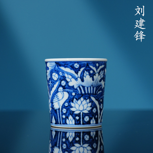 刘建锋窑仿元一路连科直口可乐杯120ml  景德镇柴窑手绘青花茶杯