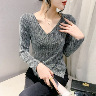 洋气小衫 2025秋冬新款 欧货交叉上衣修身 不规则T恤女长袖 时尚