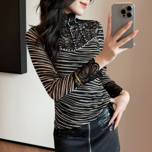 t恤小衫 条纹网纱上衣高领内搭长袖 女秋冬欧货时尚 蕾丝拼接打底衫