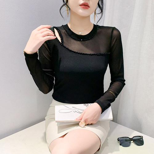长袖通勤常规性感网纱打底衫女秋