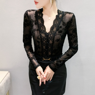 内搭上衣洋气小衫 加绒蕾丝打底衫 女秋冬欧货性感V领网纱T恤女长袖