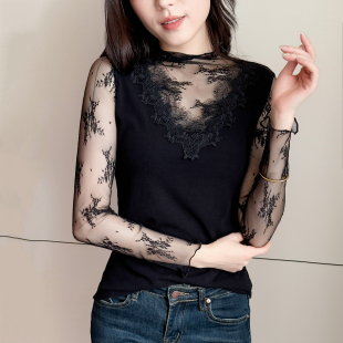 内搭上衣洋气小衫 性感透视T恤长袖 女2026秋冬新款 蕾丝拼接打底衫