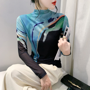 T恤洋气小衫 半高领加绒打底衫 内搭长袖 网纱上衣修身 潮 女秋冬时尚