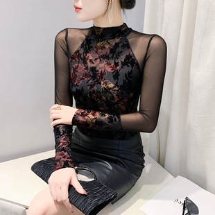 加绒打底衫女秋冬欧货性感网纱拼接植绒上衣气质内搭长袖t恤小衫