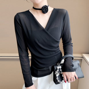 内搭上衣洋气小衫 网纱打底衫 性感交叉V领T恤女长袖 新款 女2025秋装