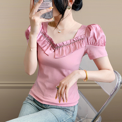 时尚泡泡袖短袖设计感钉珠上衣女