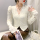 紧身内搭洋气上衣 女长袖 加绒植绒打底衫 女秋冬欧货V领蕾丝衫