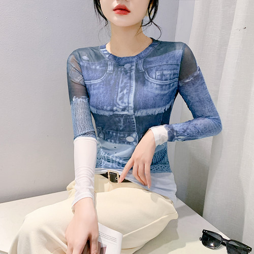 长袖通勤常规网纱打底衫女2024新