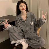100%纯棉睡衣女秋冬季 女士家居服套装 长袖 韩版 春秋可外穿 大码 新款