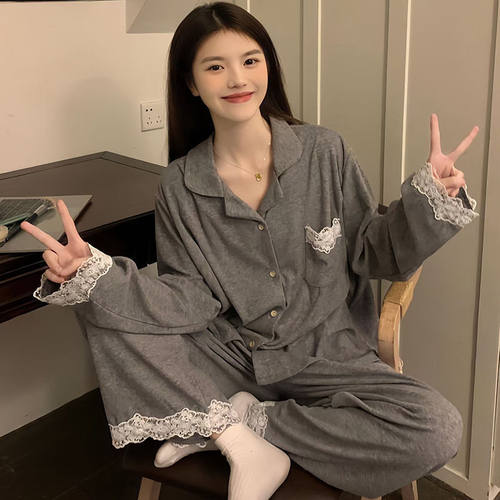 新款100%纯棉睡衣女秋冬季长袖大码韩版女士家居服套装春秋可外穿