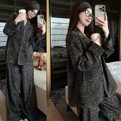 高级感奢华豹纹纯棉睡衣女秋冬季复古宽松长袖长裤春秋家居服套装