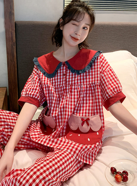 睡衣女夏季纯棉短袖长裤两件套装韩版宽松学生红色格子春秋家居服