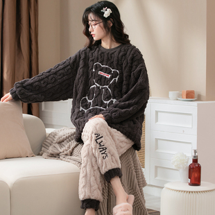 秋季款女加厚法兰绒睡衣套装保暖珊瑚绒女人睡衣家居服可外穿套装