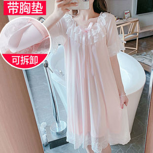 带胸垫睡裙女夏季 可外穿 莫代尔纯棉蕾丝宫廷甜美公主风睡衣裤 长款