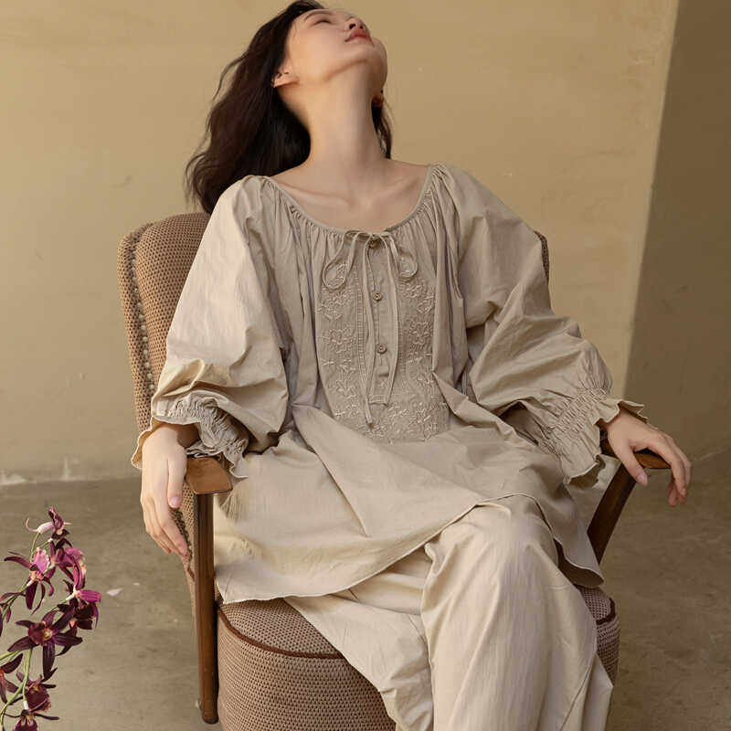 梭织100%纯棉春秋季长袖公主睡衣女士2024新款宽松夏大码家居服冬