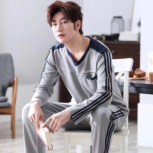 100%双面纯棉睡衣男士长袖男