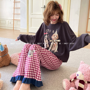 100%纯棉睡衣女春秋季长袖大码全棉家居服套装学生夏ins风卡通冬