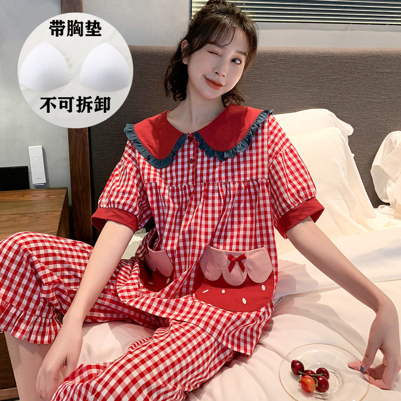 带胸垫睡衣女夏季纯棉短袖长裤大码可爱春秋天家居服套装免穿文胸
