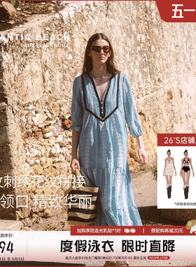 atlanticbeach2025新款法式度假连衣裙女秋宽松v领刺绣中长款裙子
