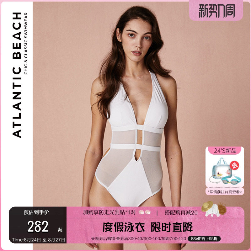 AtlanticBeachV胸裁剪拼纱连体复古性感显瘦ins风泳衣女经典新款